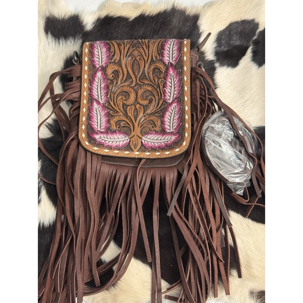 Tooled Hand Painted Leather Fringe Crossbody Handbag Pocketbook Pink Feathers
